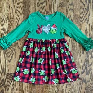 Dash of Glitter Peace, Love and Grinch ruffle sleeve, plaid bottom dress, size 4